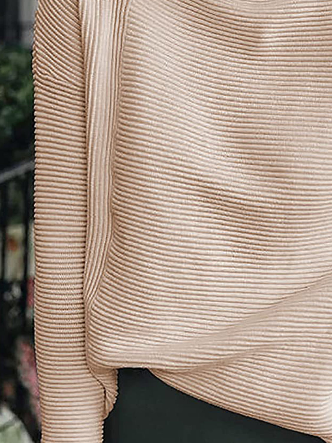 Sand ribbed mock neck long sleeve sweater, knit ribbed sleeve close-up