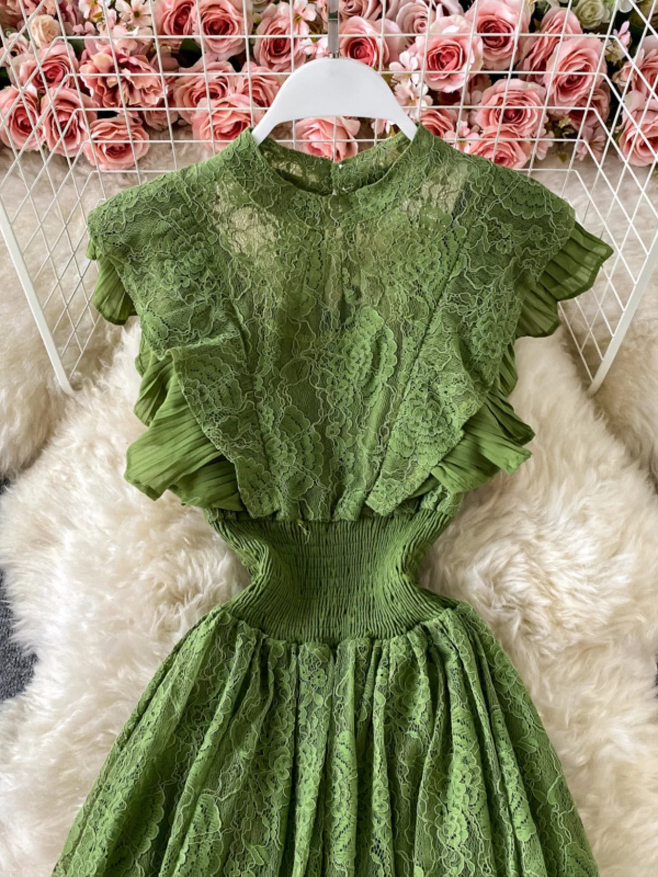Cedar & Moore Ruffled Mock Neck Lace Maxi Dress in emerald green by Trendsi