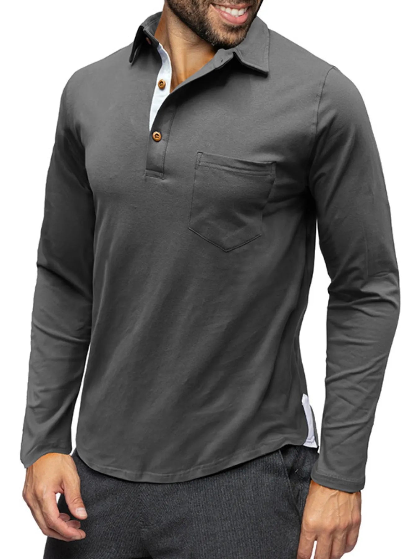 Men's long sleeve polo shirt in dark gray, with chest pocket and button placket.