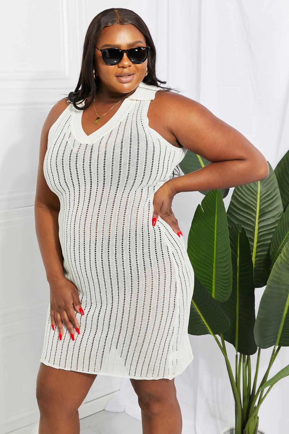 Openwork knit V-neck sleeveless cover-up dress, white, sleeveless straight silhouette