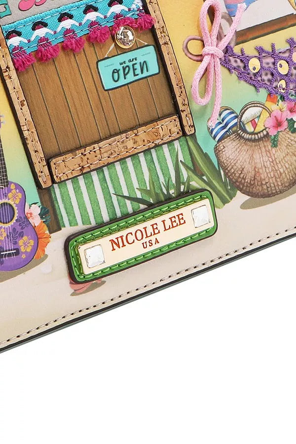 Nicole Lee logo patch with "Open" sign on striped trim and beach scene artwork.
