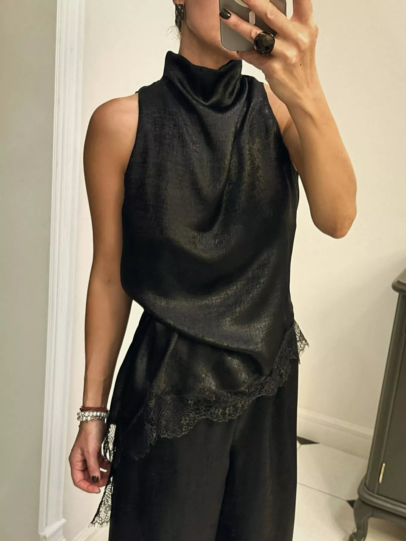 Cedar & Moore High Neck Lace Trim Cami in black satin with lace detail