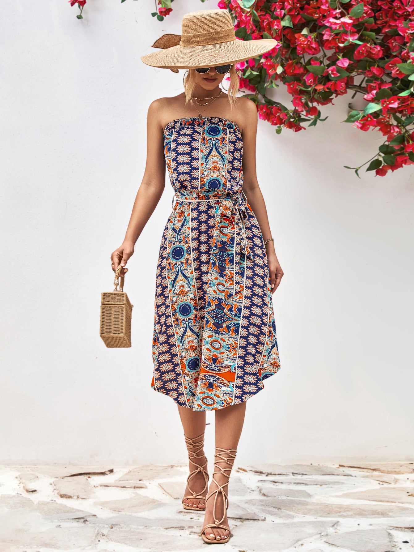 Printed strapless tie belt dress, blue multicolor medallion pattern, flared midi with tie belt