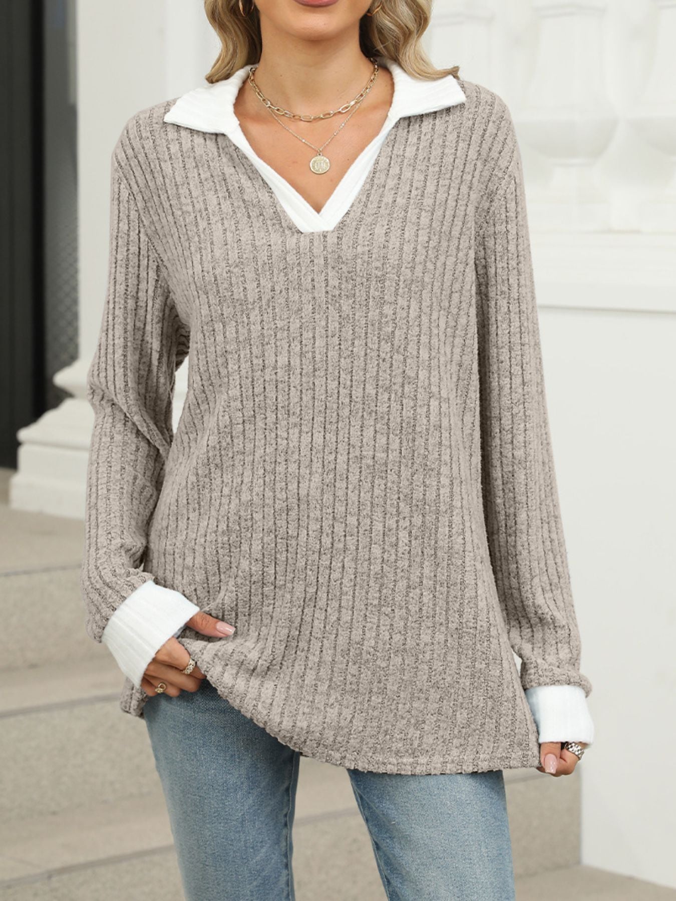 Cedar & Moore Ribbed Knit Long Sleeve T-Shirt in taupe with white collar and cuffs