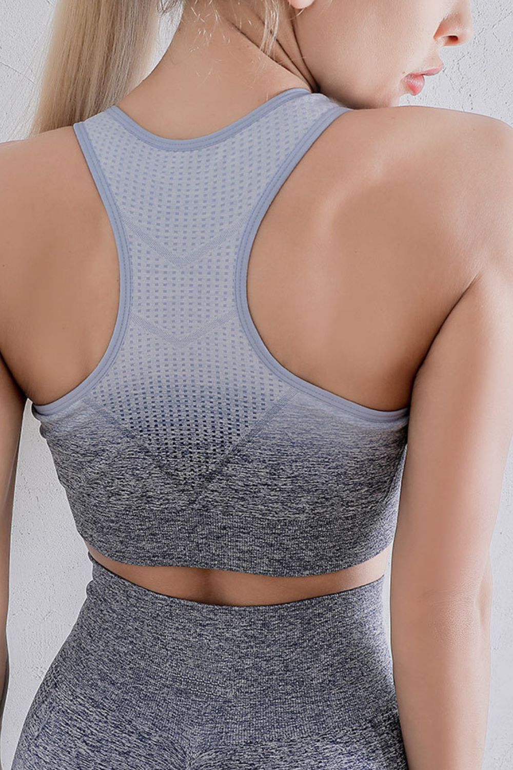 Gradient racerback sports bra, light blue and dark gray, scoop back, textured knit