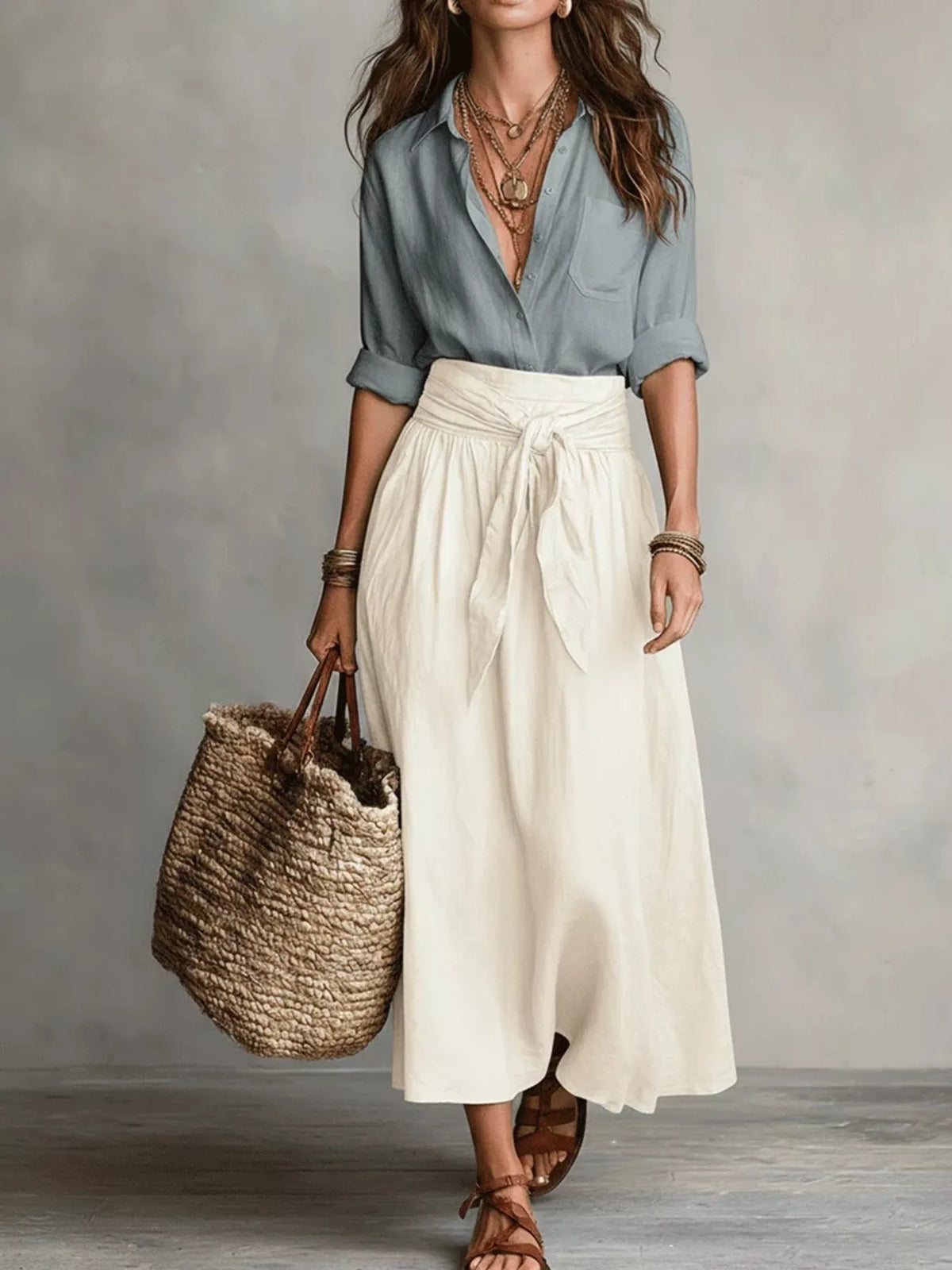 Button-down shirt and skirt set with light blue shirt and white bow waist skirt