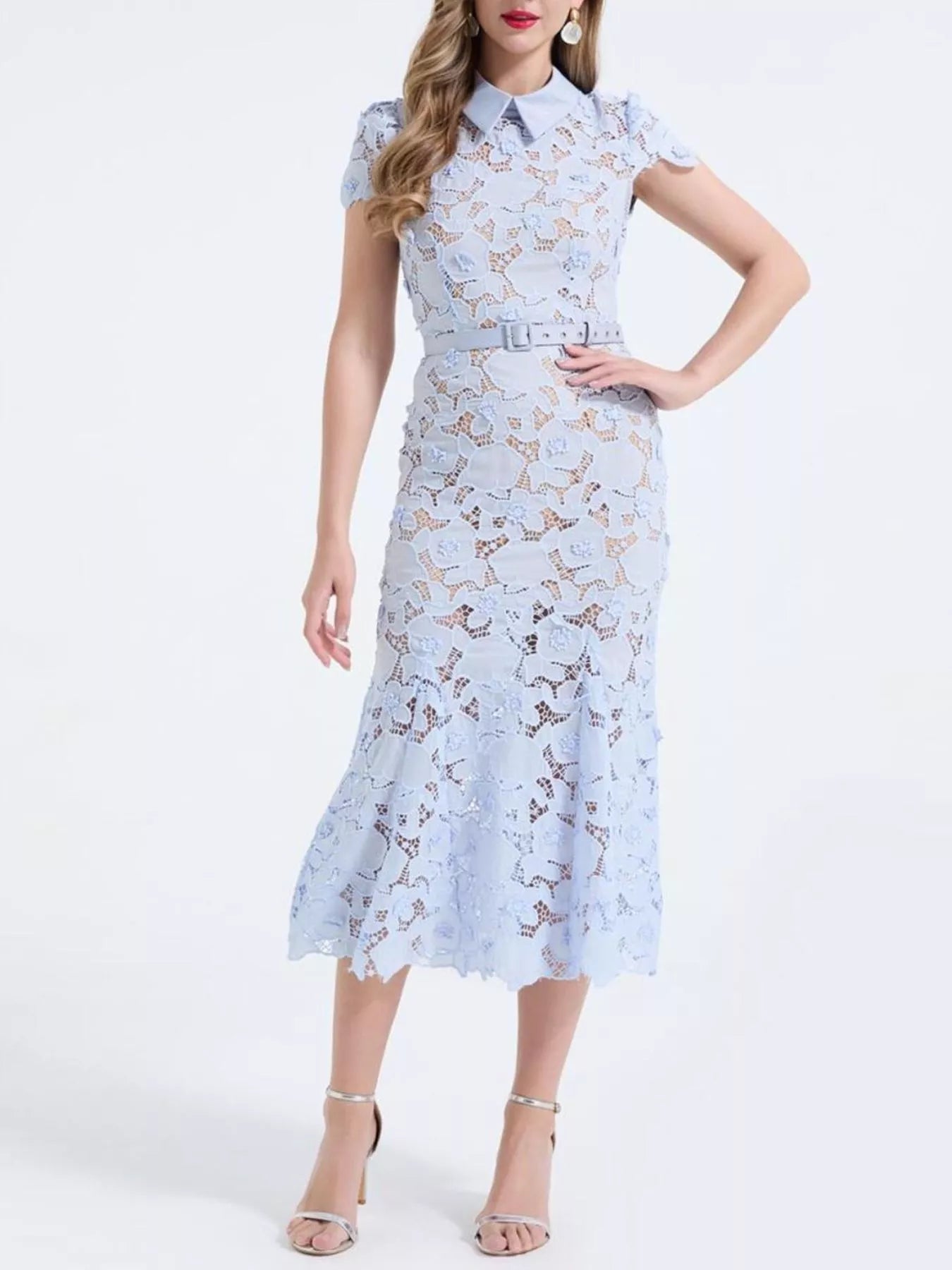 Cedar & Moore Floral Lace Short Sleeve Midi Dress in light blue with belt.