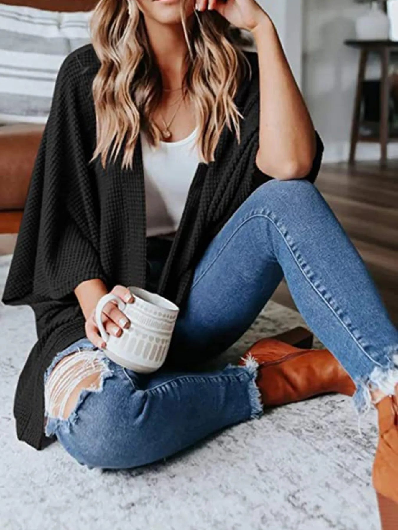 Plus size waffle knit open-front cardigan, black, textured waffle knit and wide sleeves