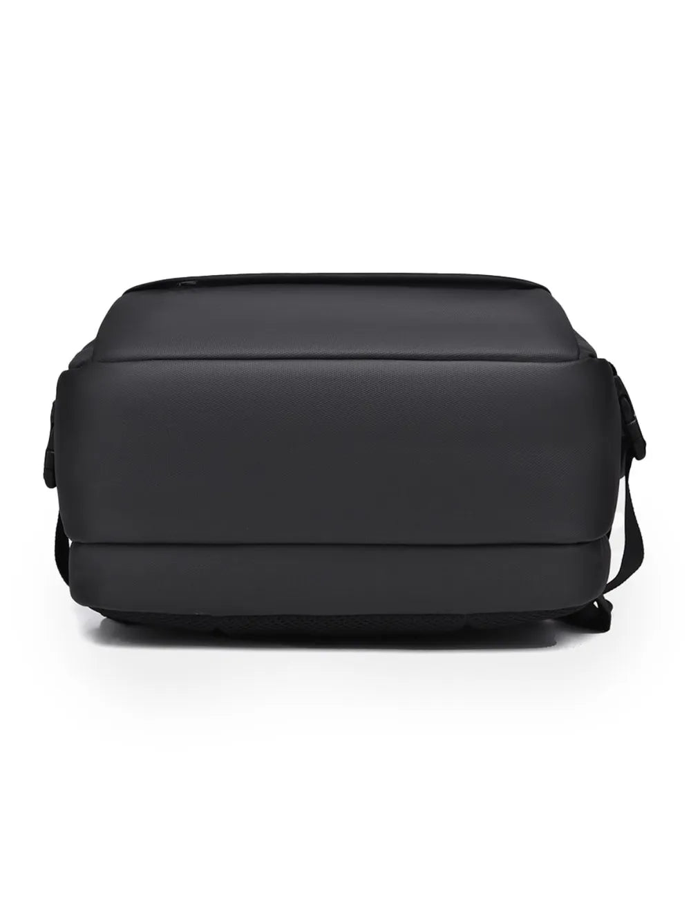 Black backpack back view with padded rear panel and side carry handles.