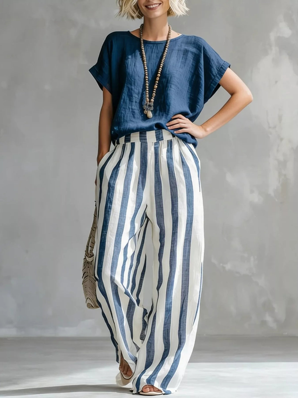 Navy short-sleeve top with wide-leg pants featuring vertical blue-and-white stripes