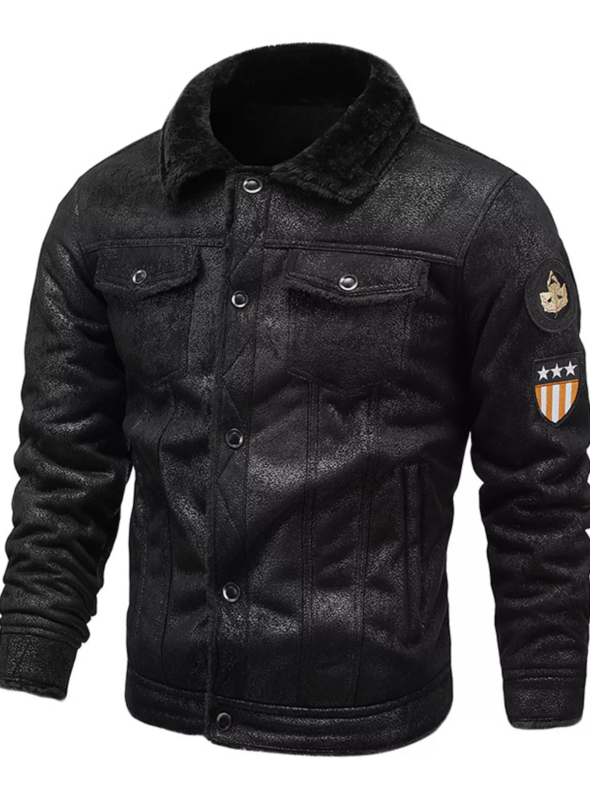 Black padded snap-front jacket with faux fur collar and chest snap pockets