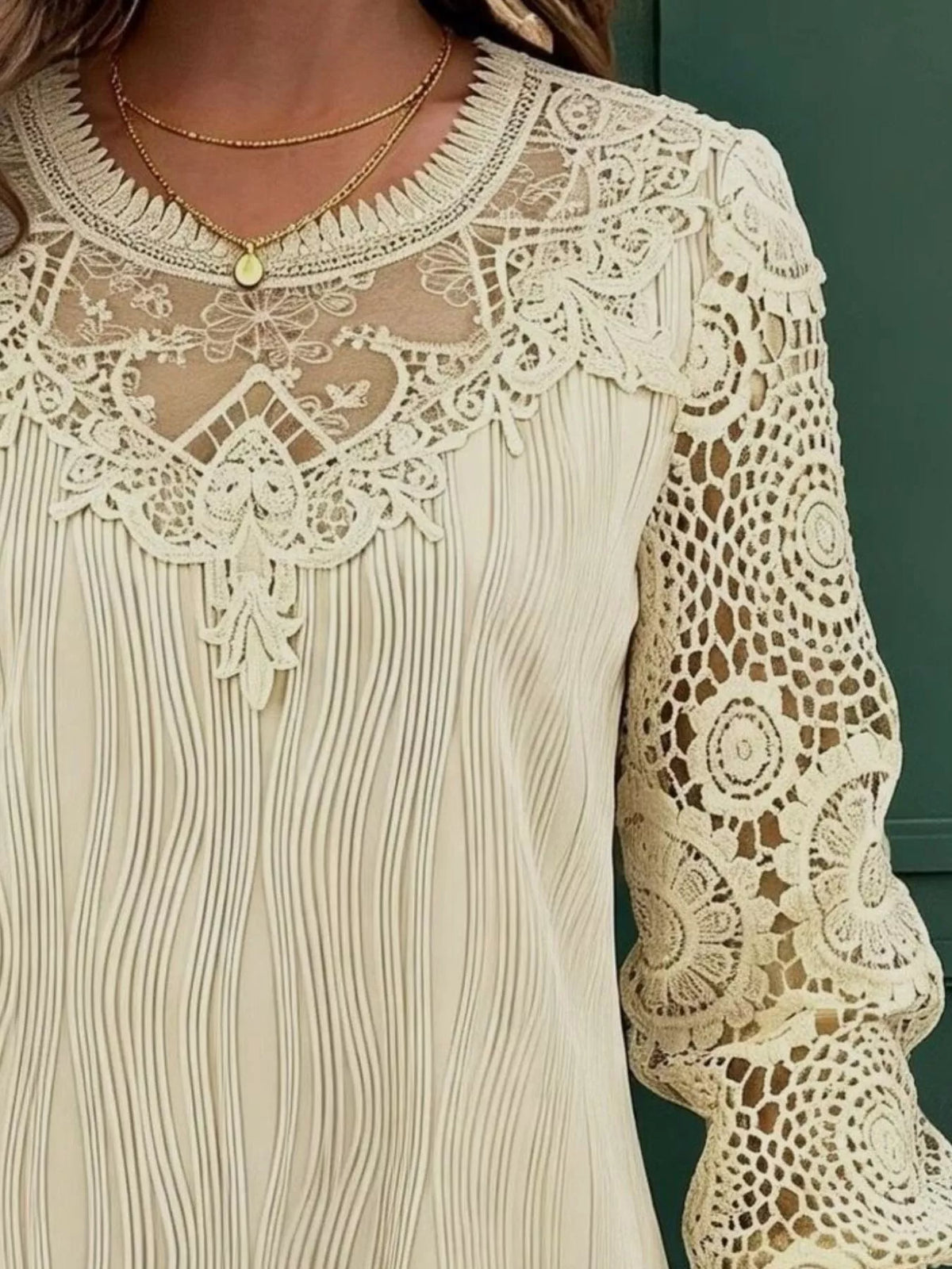 Cream lace patchwork blouse with scalloped lace yoke and textured crochet long sleeves