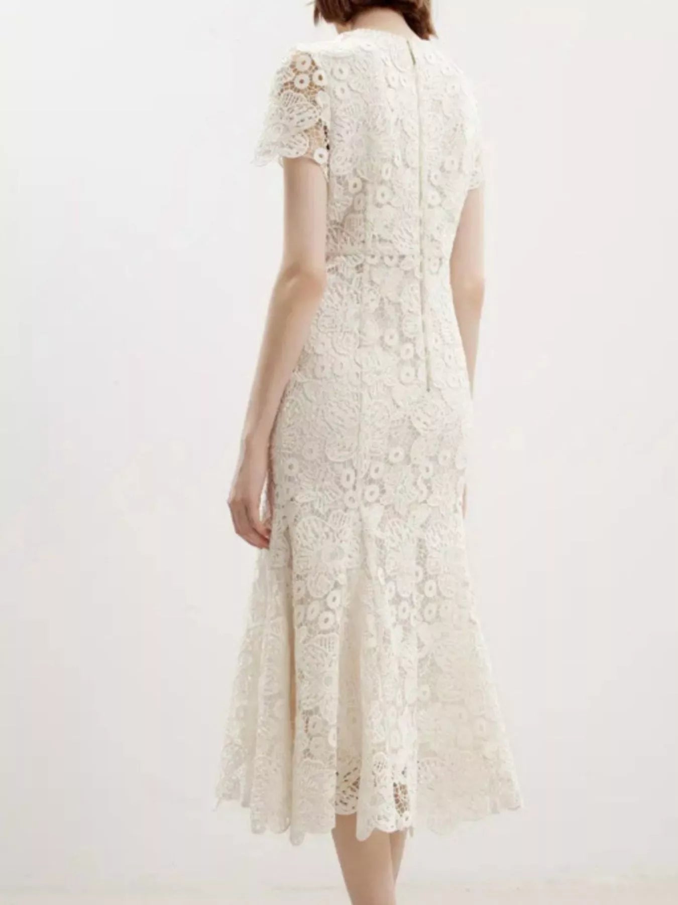 Cedar & Moore Lace Short Sleeve Mermaid Dress in ivory with floral lace overlay and back zipper, romantic silhouette.