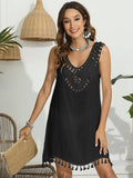 Black tassel scoop-neck wide-strap cover-up with crochet V yoke and fringe hem