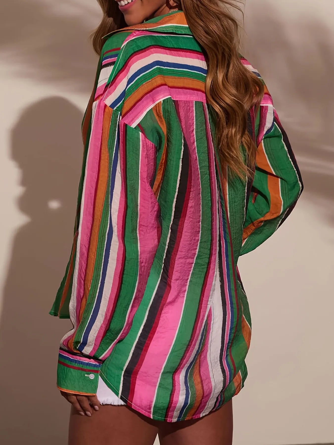 Multicolor vertical striped button-up shirt with long sleeves and V-neck front
