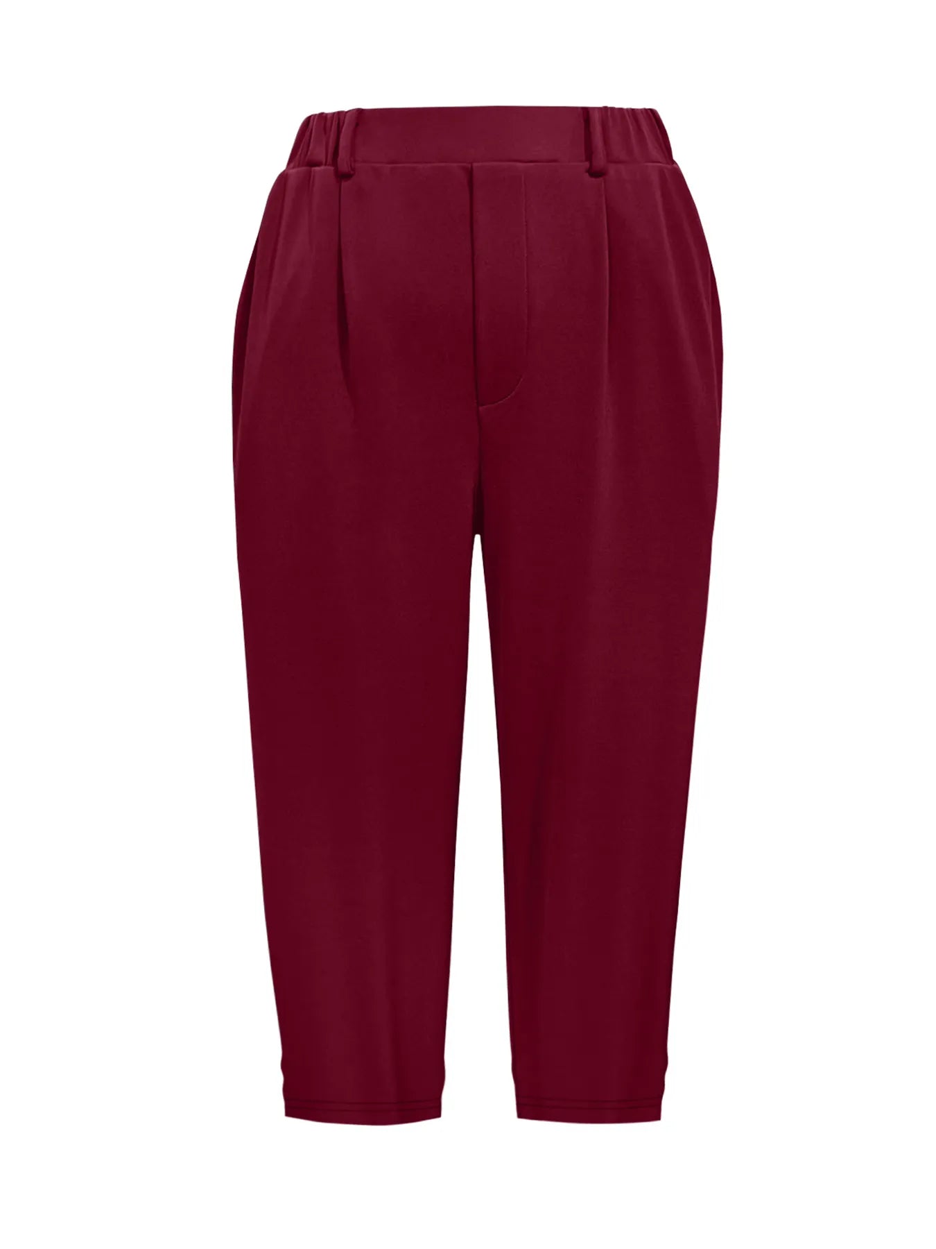 Burgundy pleated detail pants with pockets and elastic waist, back view
