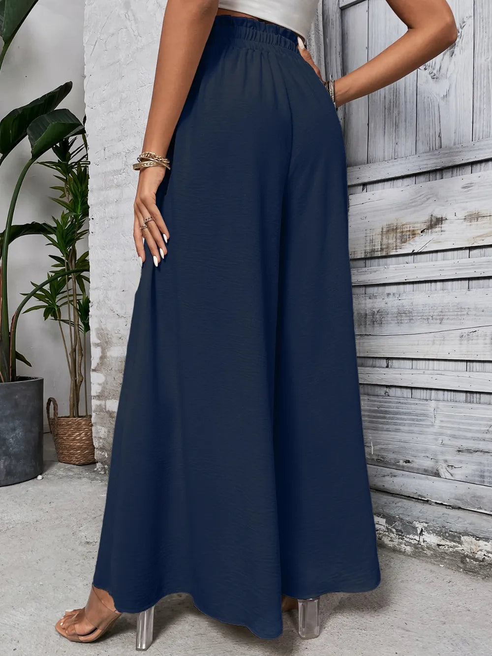 Deep navy high waist wide-leg pants with elastic waistband and drawstring ties
