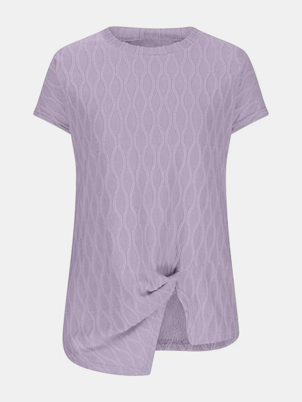 Lavender short-sleeve round-neck T-shirt with subtle circle knit texture and side knot