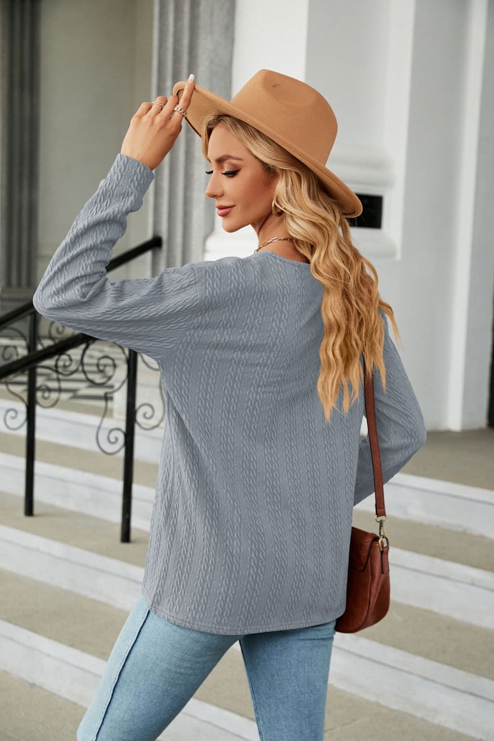 Cedar & Moore Decorative Button V-Neck Long Sleeve T-Shirt in light gray knit, Trendsi