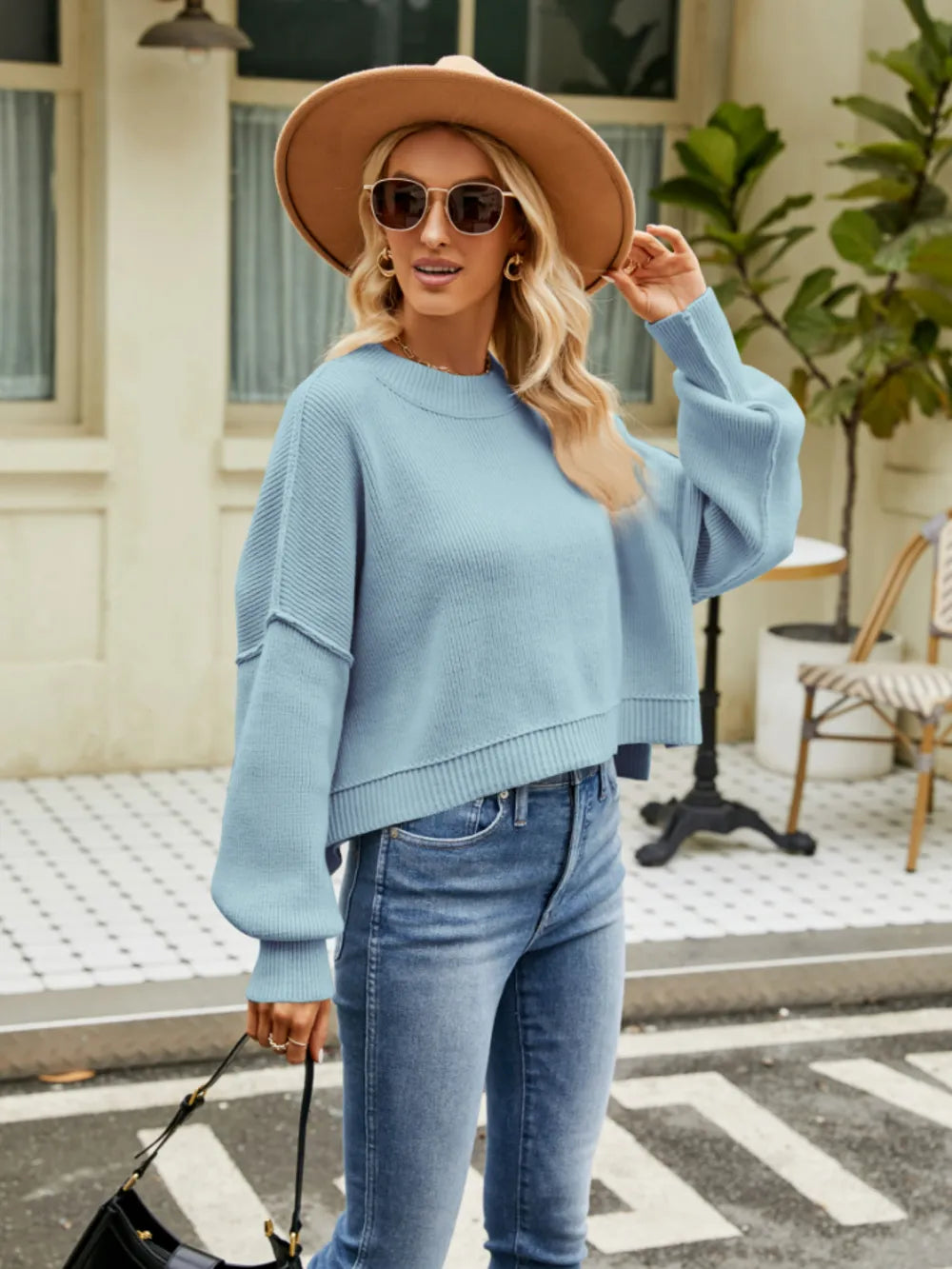 Misty blue round-neck lantern sleeve sweater with ribbed trim and cuffs