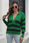 Green striped knit sweater with black horizontal bands, V-neck and collared placket