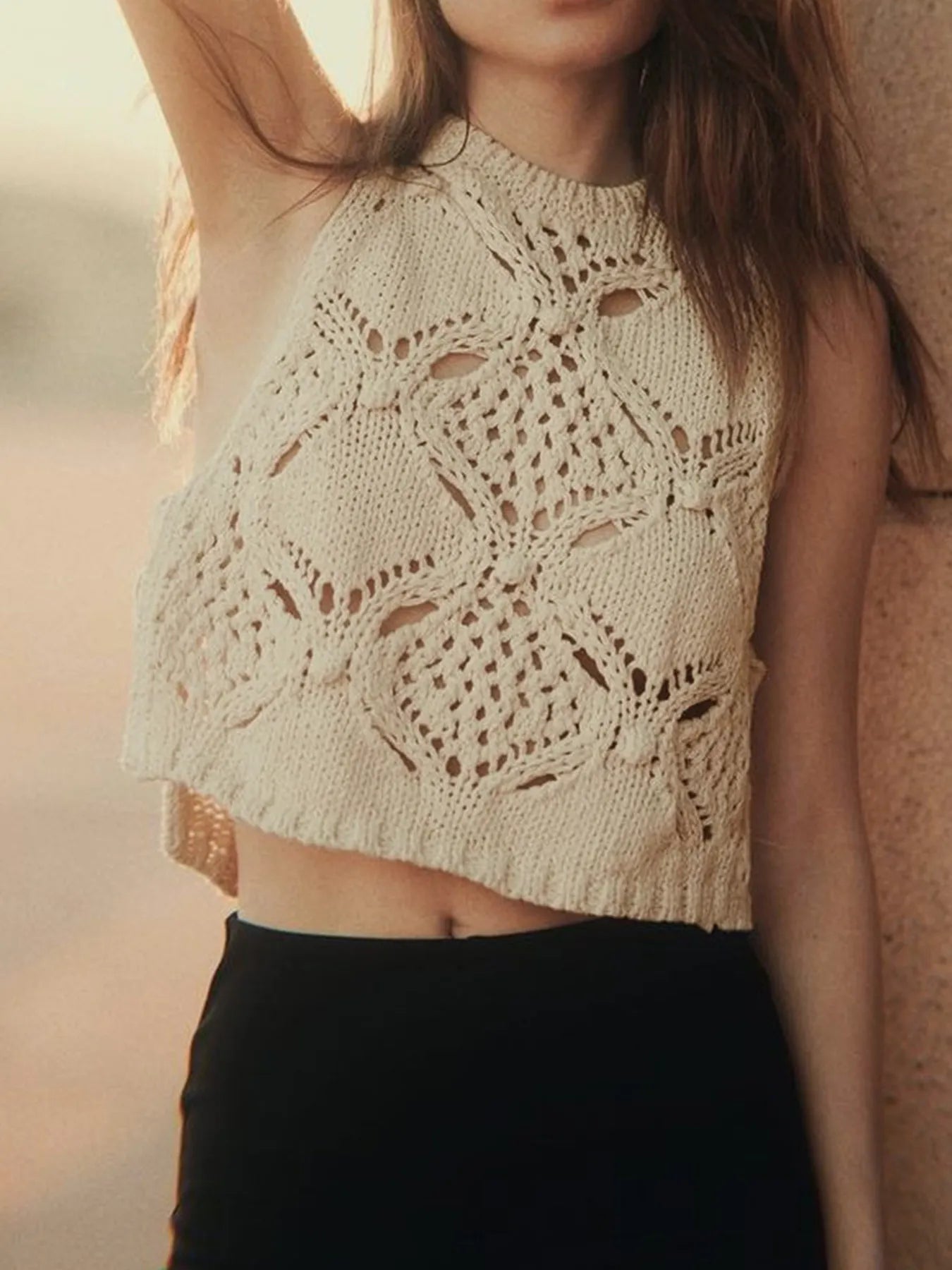 Apricot crochet hollow-out sleeveless sweater vest with starburst openwork detail