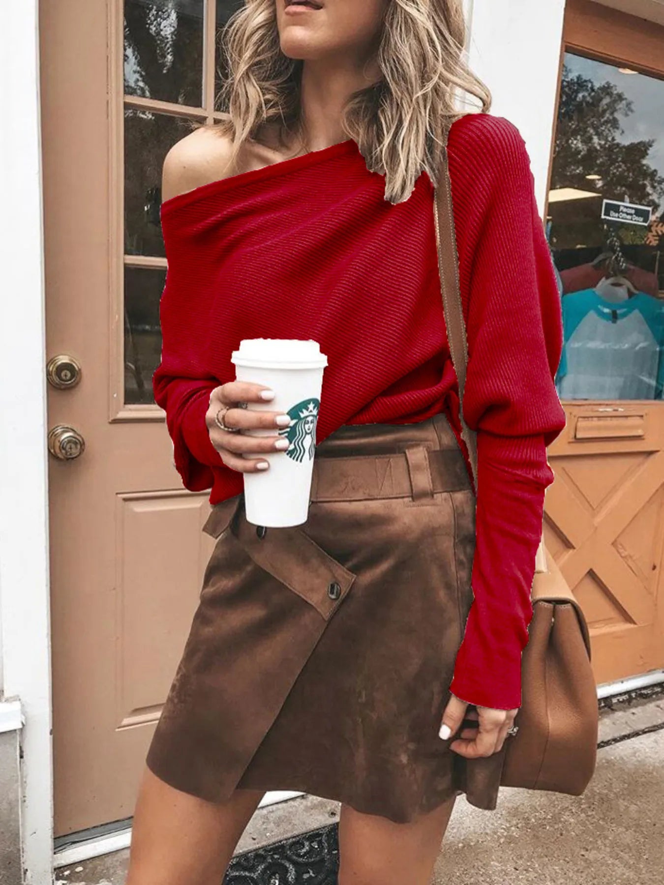 Red one-shoulder ribbed knit sweater with long sleeves and relaxed fit.