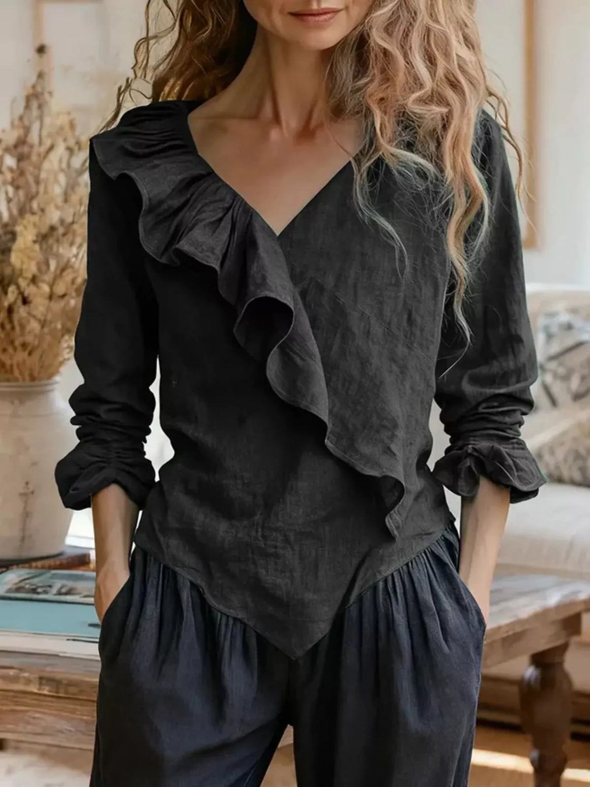 Ruffled V-neck long-sleeve blouse in black, layered ruffle front with V-neckline