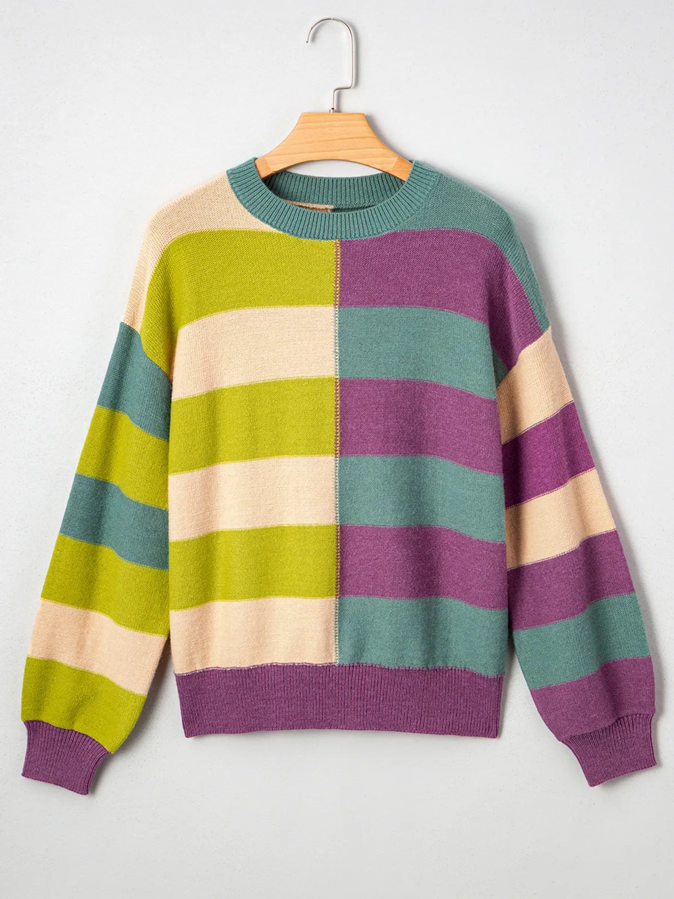 Multicolor striped sweater on hanger, crew neck with ribbed collar and banded cuffs