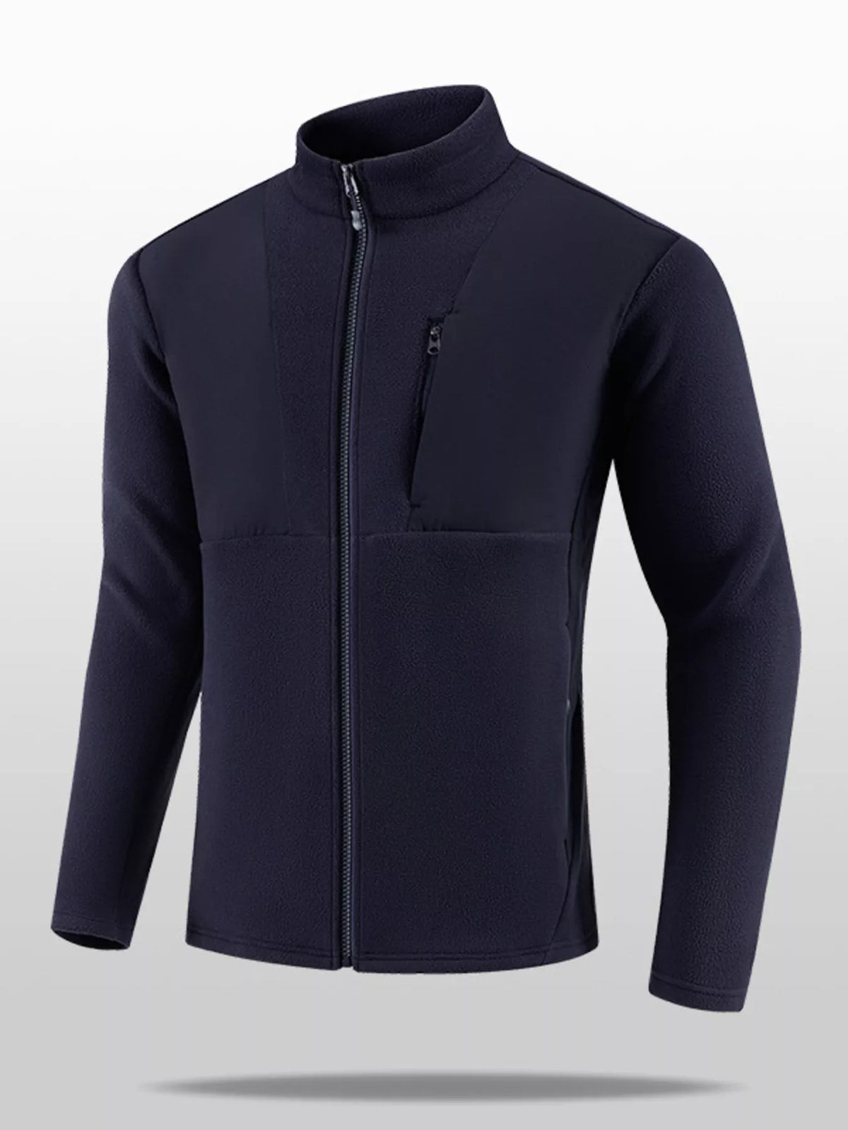Men's navy fleece full-zip jacket with stand collar and zip front pockets