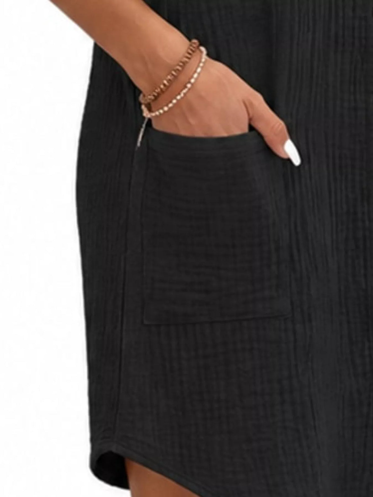 Black textured shirt dress with front pocket and button placket detail