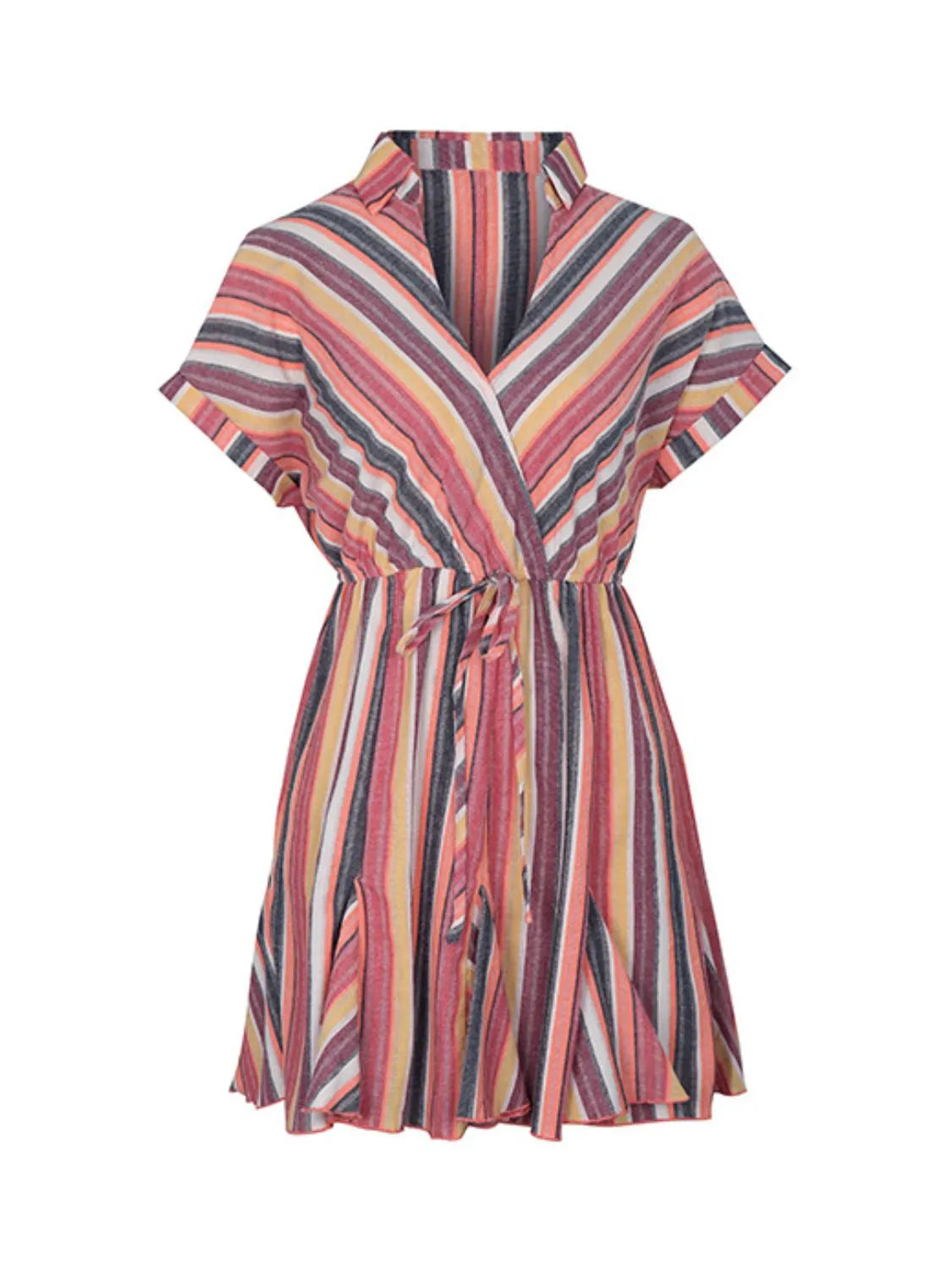 Striped surplice short-sleeve dress with tie waist in multicolor stripes by Trendsi