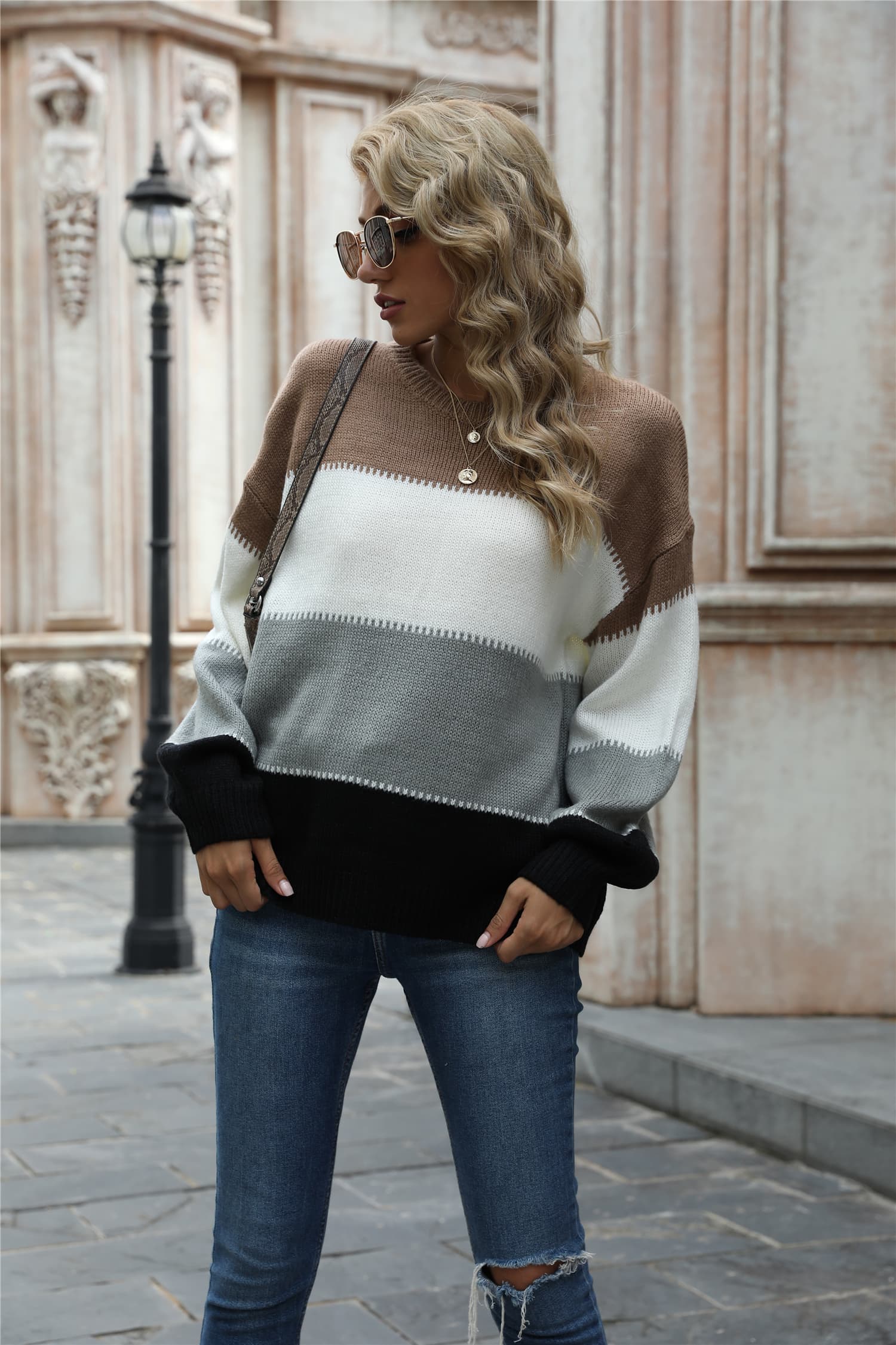 Color block round neck sweater from back/side view in tan, white, dark gray with black cuffs