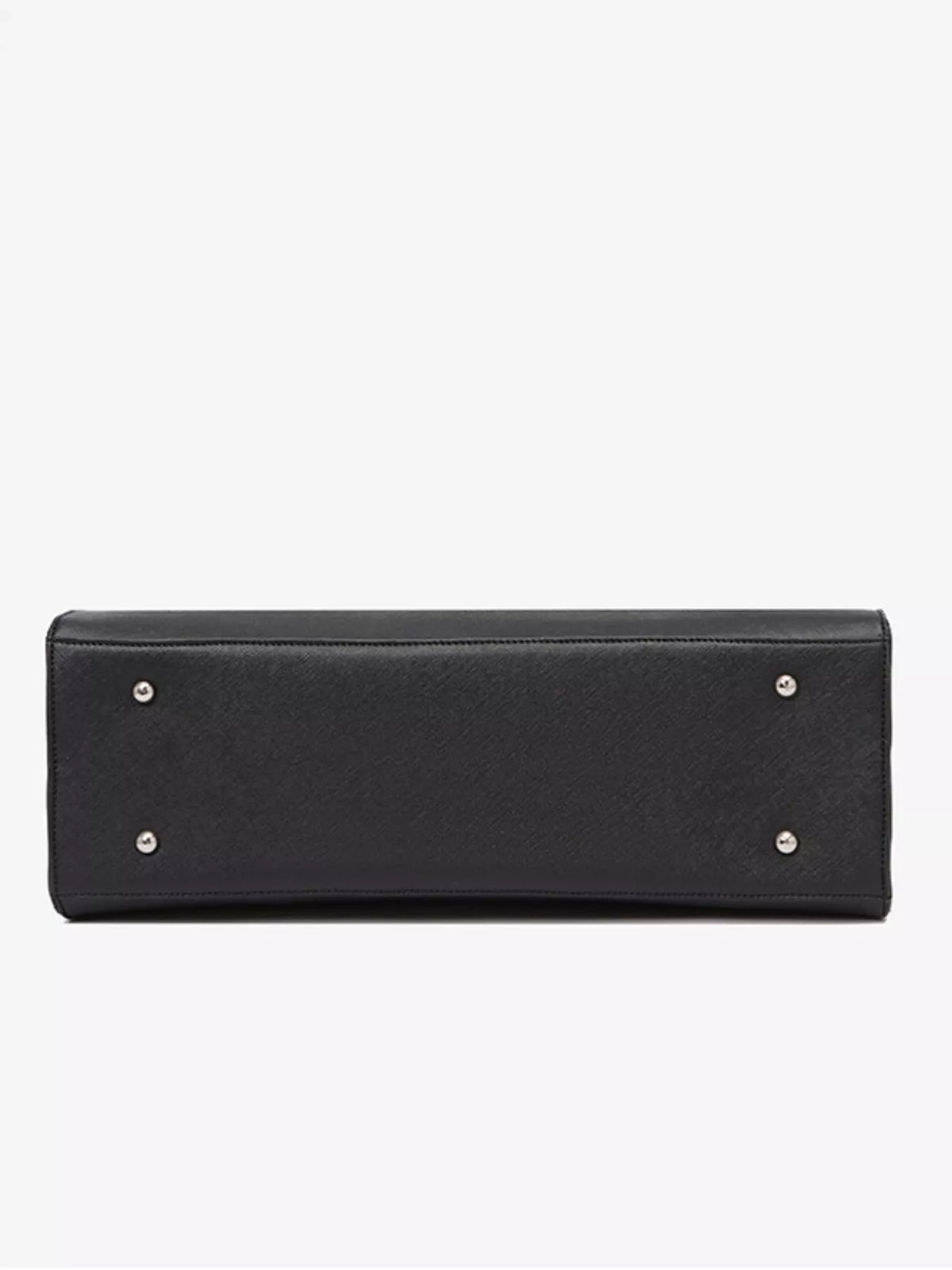 Black vegan leather tote bag with metal rivets on the front and wide base