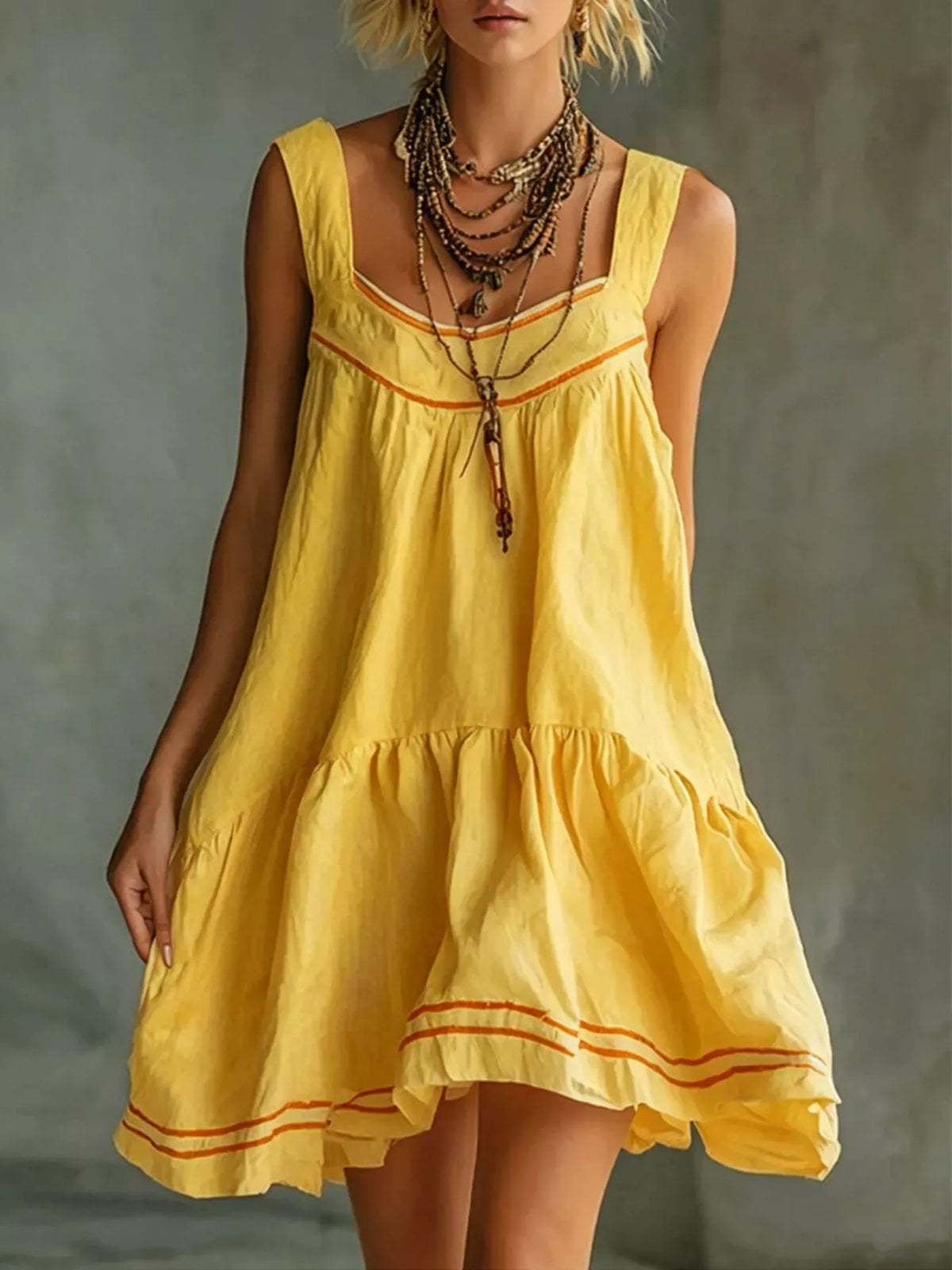 Yellow sleeveless tiered mini dress with ruffled skirt and red trim