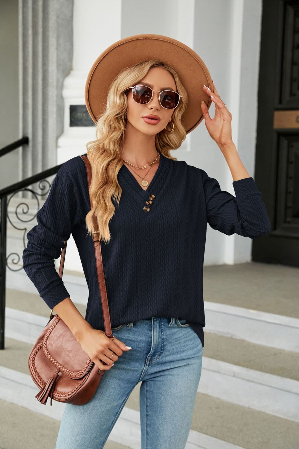 Cedar & Moore Decorative Button V-Neck Long Sleeve T-Shirt in navy, textured solid knit with button placket