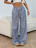 Light blue striped wide-leg pants with elastic waist and drawstring ties