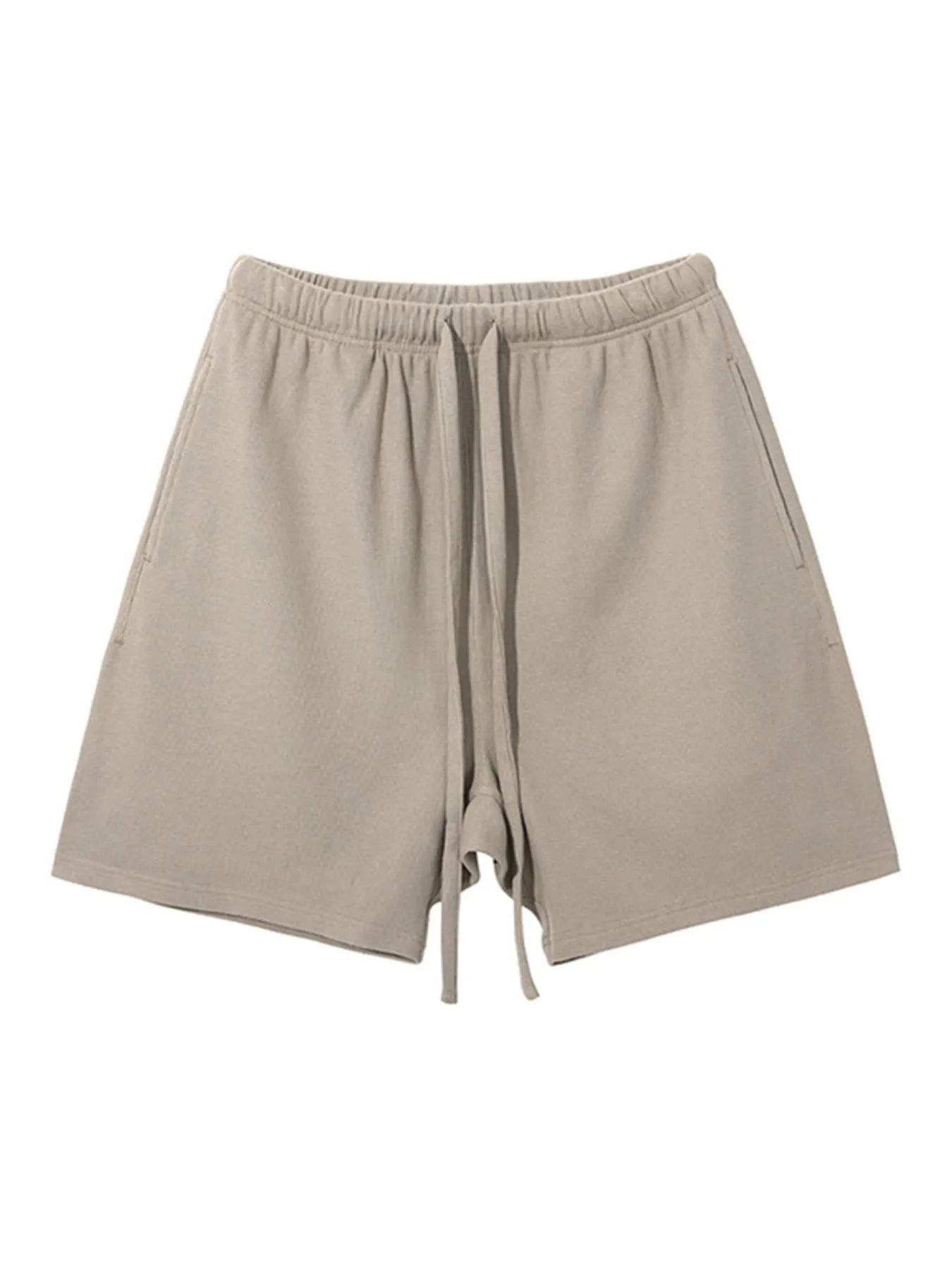 Men's drawstring waffle shorts, beige, elastic waistband with tie strings, front view.