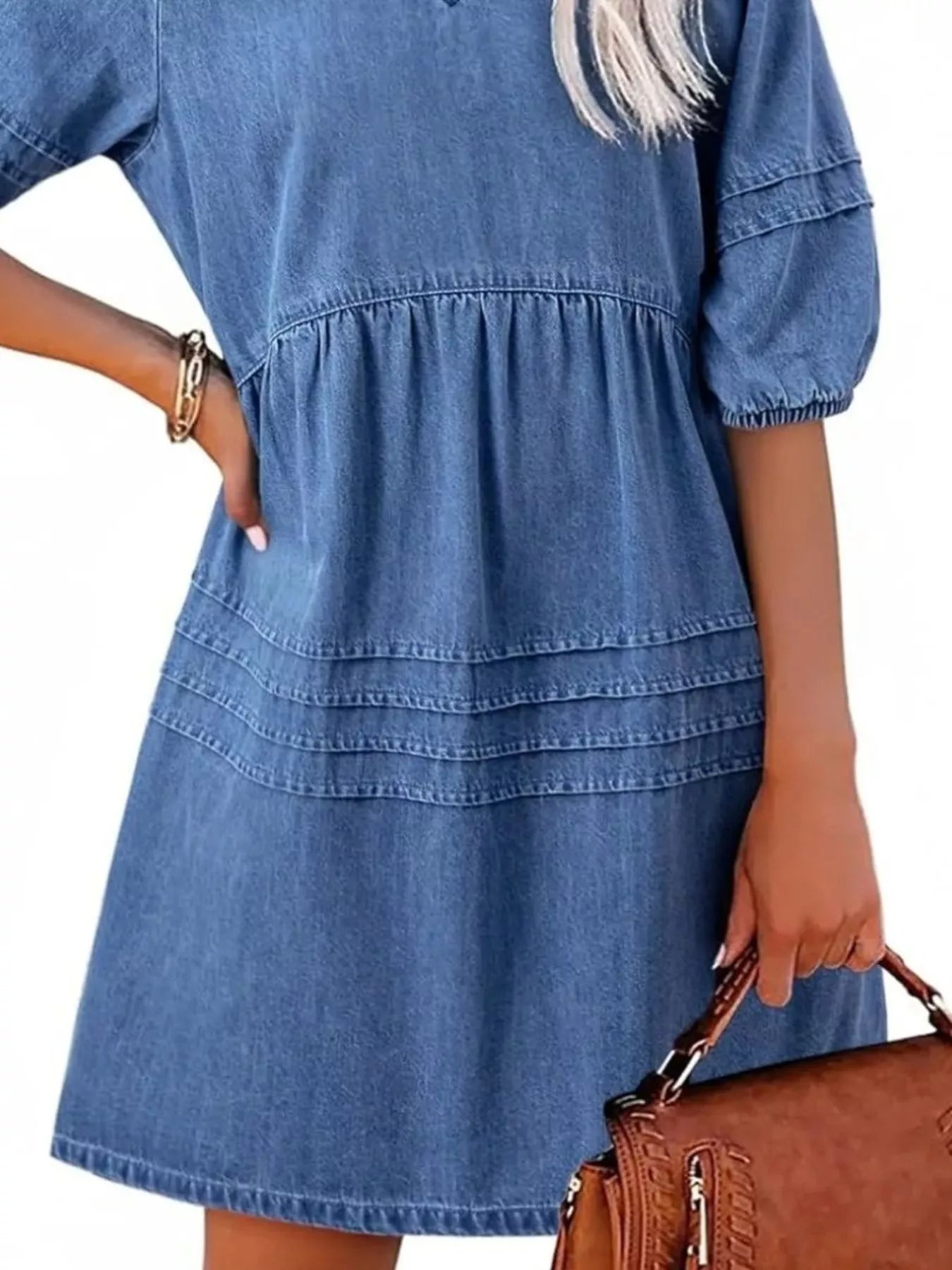 Cedar & Moore Casual V-Neck Puff Sleeve Denim Mini Dress in blue denim with gathered waist, Trendsi