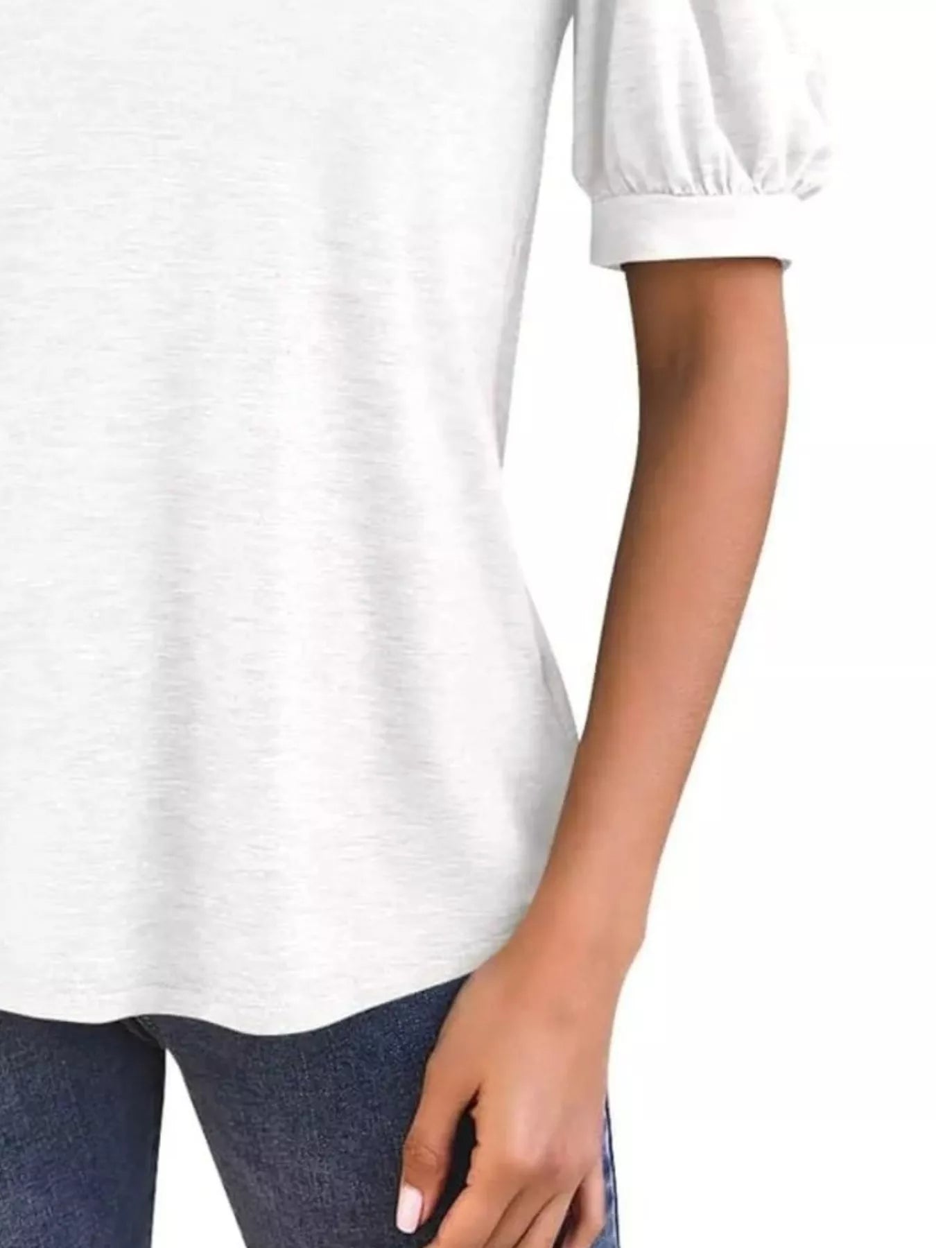 Cedar & Moore Puff Sleeve Notched Casual T-Shirt, white, Trendsi