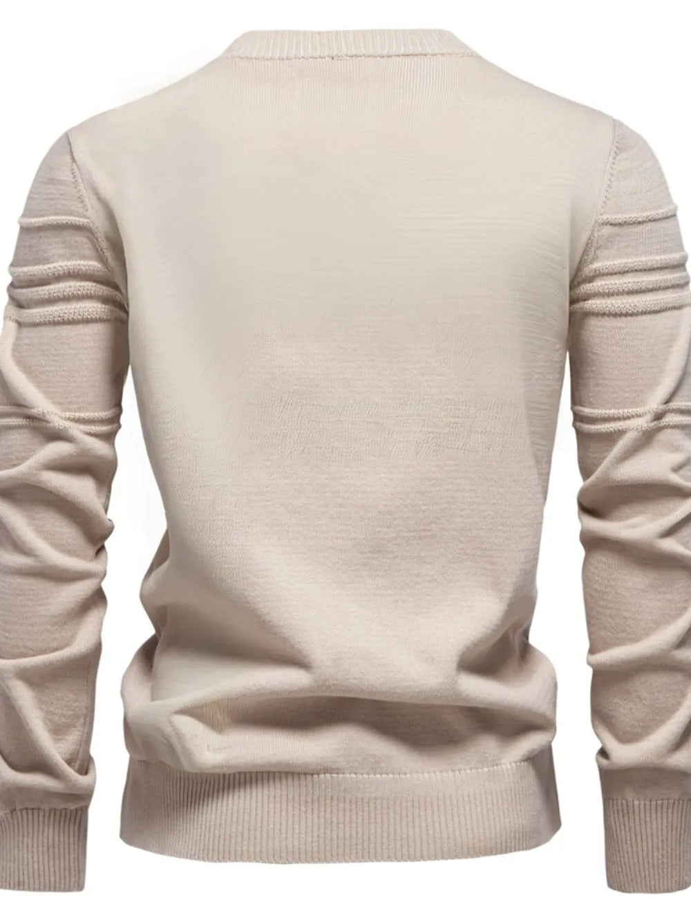 Cream men’s round-neck striped knit sweater, back view with ribbed hem and cuffs