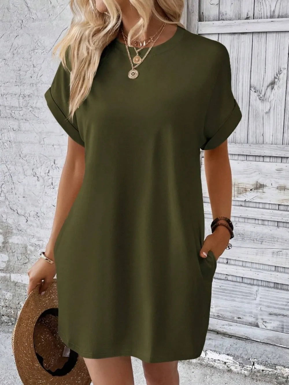 Dark olive round-neck short-sleeve dress with relaxed A-line silhouette