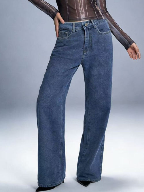 Blue wide-leg jeans with button fly, front pockets, and belt loops