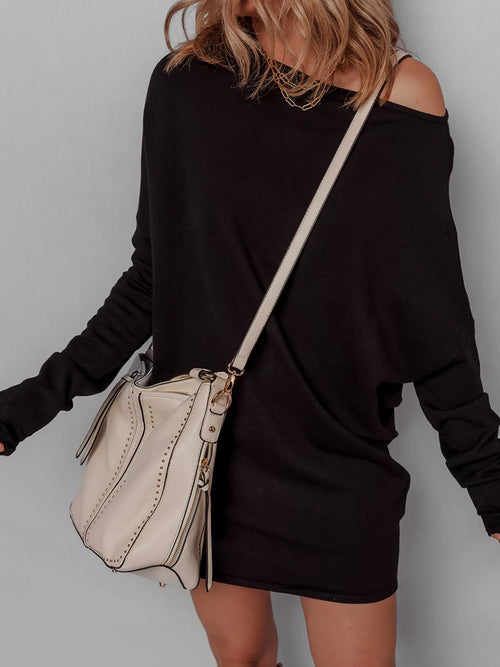 Black asymmetric neck batwing sleeve mini sweater dress with wide sleeves