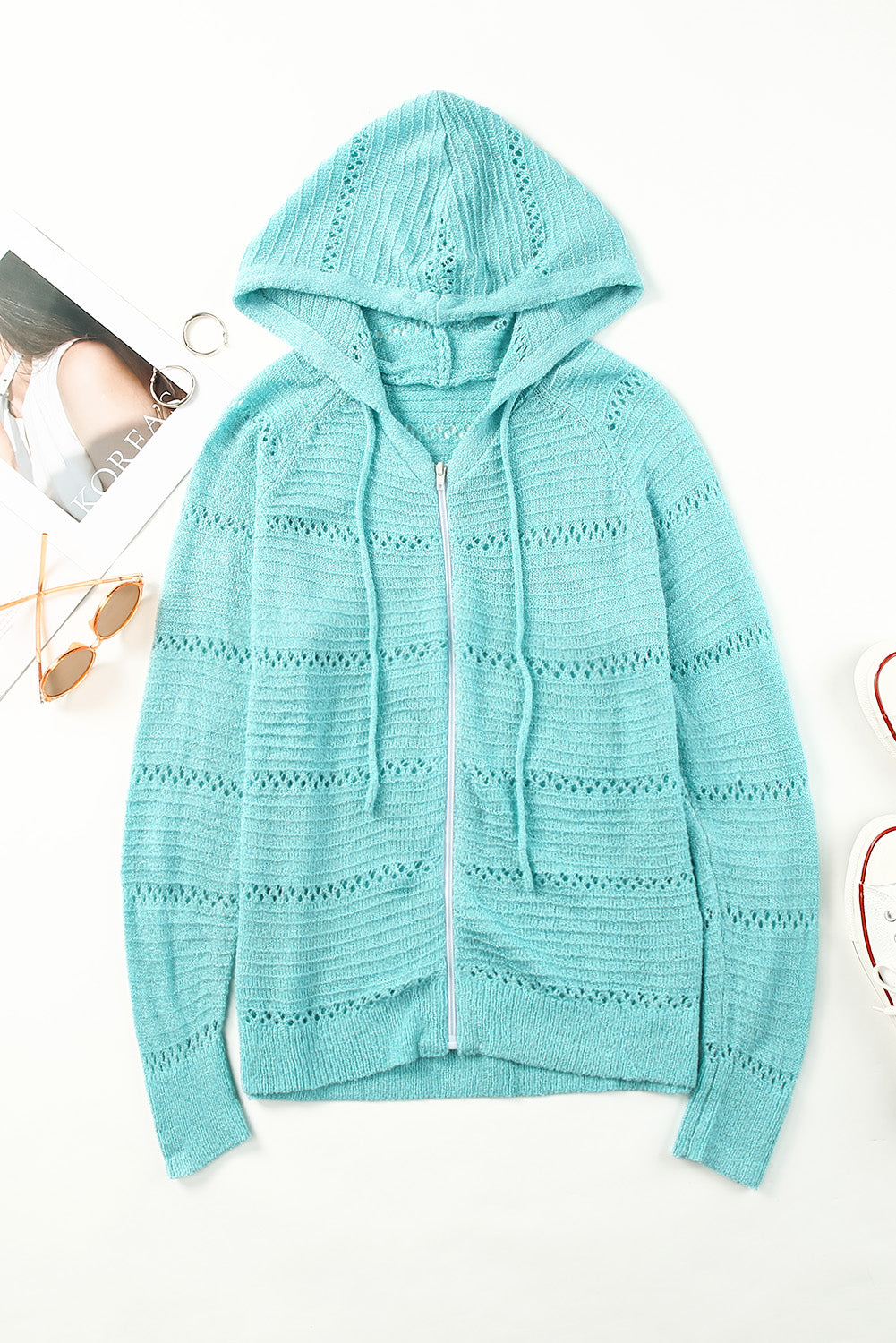 Openwork hooded zip-up cardigan in turquoise knit with drawstring hood and pockets