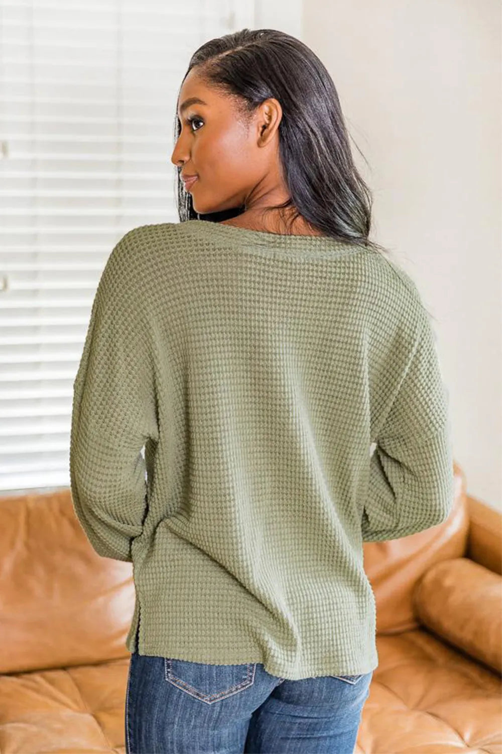 Matcha green waffle knit long sleeve henley top from back with waffle texture