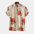 Men’s printed short-sleeve button-up shirt in light khaki with red rose and green leaf print.