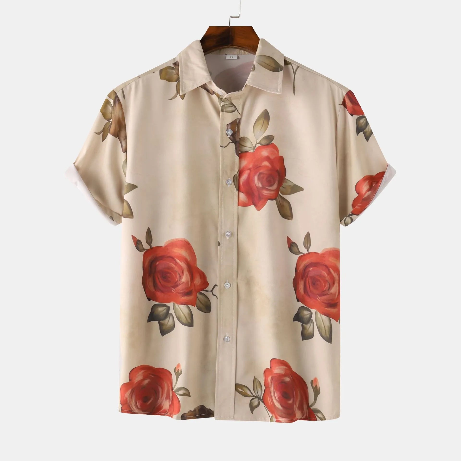 Men’s printed short-sleeve button-up shirt in light khaki with red rose and green leaf print.