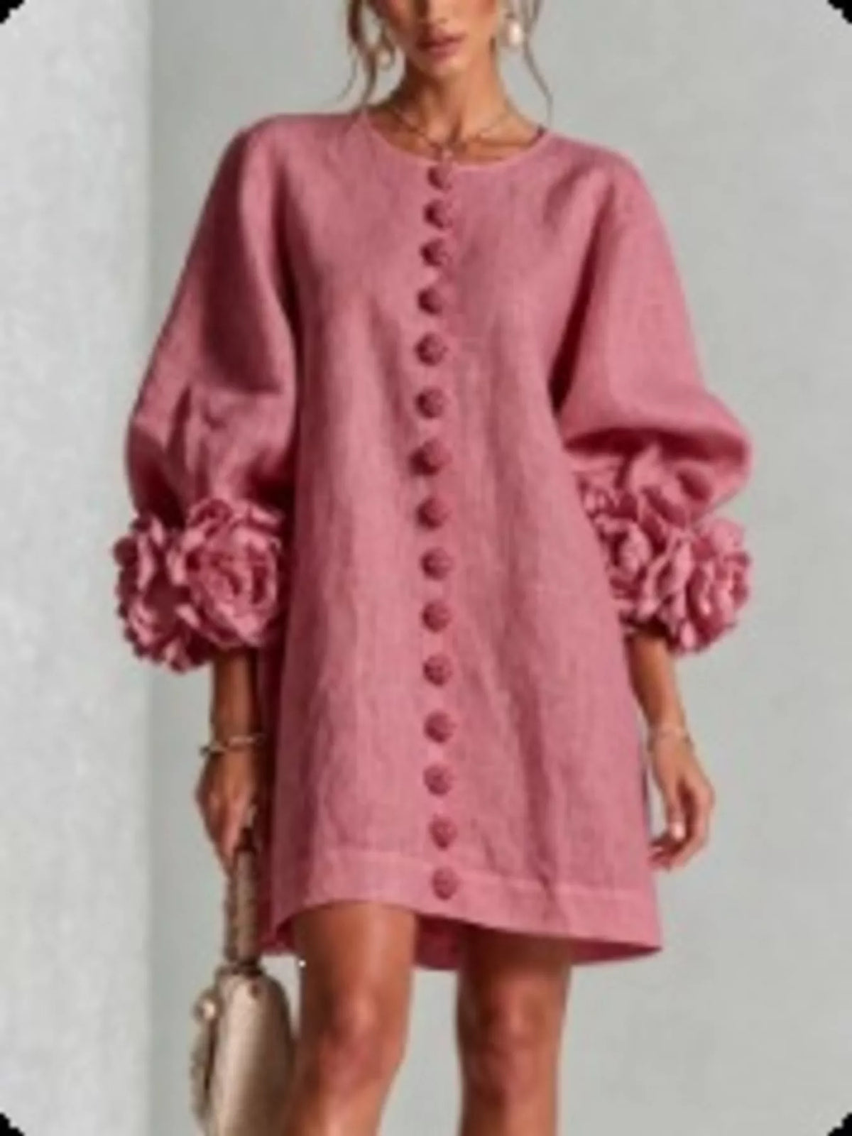 Dusty pink round-neck polyester dress with vertical buttons and 3D floral cuff sleeve detail