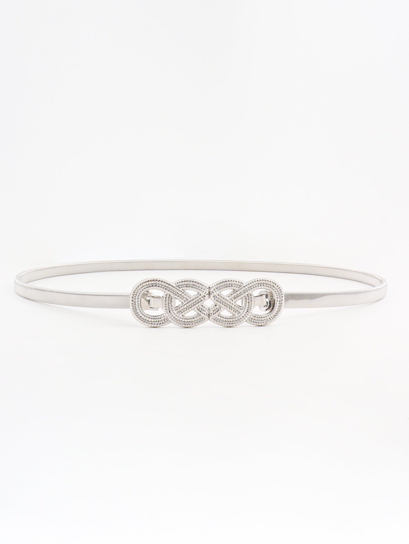 Silver metal knot buckle belt with braided center, flat lay